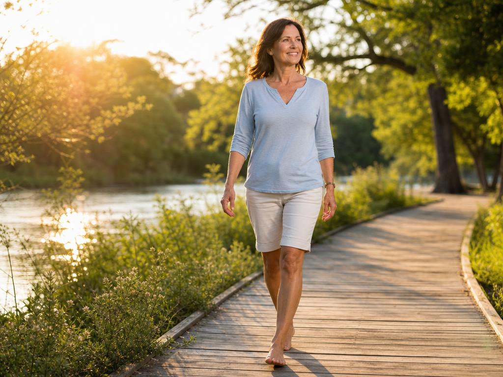 Woman walking comfortably with healthy legs